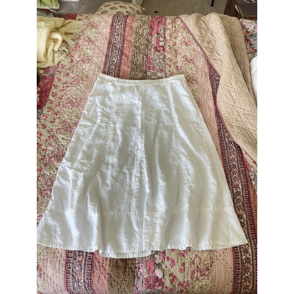 Liz Claiborne White 100% Linen A-Line Midi Skirt Size 14 Side Zip Cotton Lined